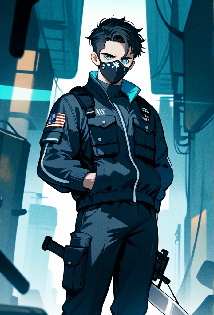 masterpiece, best quality, male, (full mask), short hair, black hair, spiky hair, (sharp eyes, cool eyes, azure pupils), mature muscular body, (operative clothing), black tactical jacket, tactical pants, underground basement, (holding machete)