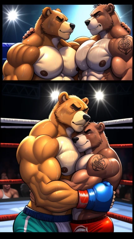 Duo male(Brown Bear vs Brown Bear, handsomes, handsome hairstyle, tails, Thick eyebrows), gay(cuddling embraced, body against body, talking bulshit, on a boxing match), hot(Shirtless), handsomes(They are handsomes, correct anatomy), musculosos(Big muscle bodies, Six packs, muscle abs, big pecs, muscle backs, muscle legs), sweaty(very sweaty wet bodies, shiny sweat), tatuajes(they have tattoos), grumpy(Both have an grumpy expression, grumpy teeths, steaming breath), boxing gloves(They both are wearing boxing gloves), UFC boxers(they both are wearing ufc boxers), Hight resolution, by(Zourik:1.1), comic(three comic panels)
