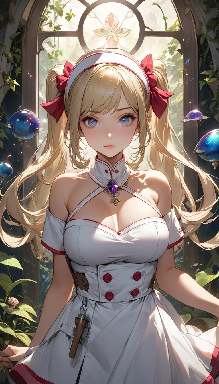 mad scientist, 8k resolution, masterpiece, Highest quality, Award-winning works, unrealistic, Sexy Womanだけ, healthy body, Age 25, White wavy long hair, hair band, Large, firm, swaying bust, Crazy Nurse, A terrifying sight, fear, Very detailed, Digital Painting, artステーション, コンセプトart, Smooth, Sharp focus, shape, artジャム、Greg Rutkowski、Alphonse Mucha、William Adolphe Bouguereau、art：Stephanie Law , , Royal Jewel, nature, Full Shot, Symmetric, Greg Rutkowski, Charlie Bowwater, beep, Unreal 5, Surreal, Dynamic Lighting, ファンタジーart, Complex色, カラフルなmagic陣, magic, Small face, Very delicate look, Delicate eye depiction, Upper body close-up,, erotic, dynamic sexy pose, Sexy Woman, Healthy body shape, 24-year-old female, doaxvv_Marie Rose, witch, height: 170cm, big firm bouncing chests, , Very long wavy blonde hair, Twin tails, To flap one&#39;s hair, Glaring at the camera, look up, Creepy Laughter, Complex, Bloody nurse uniform, Tight Skirt, stockings, pumps, Brandishing a scalpel