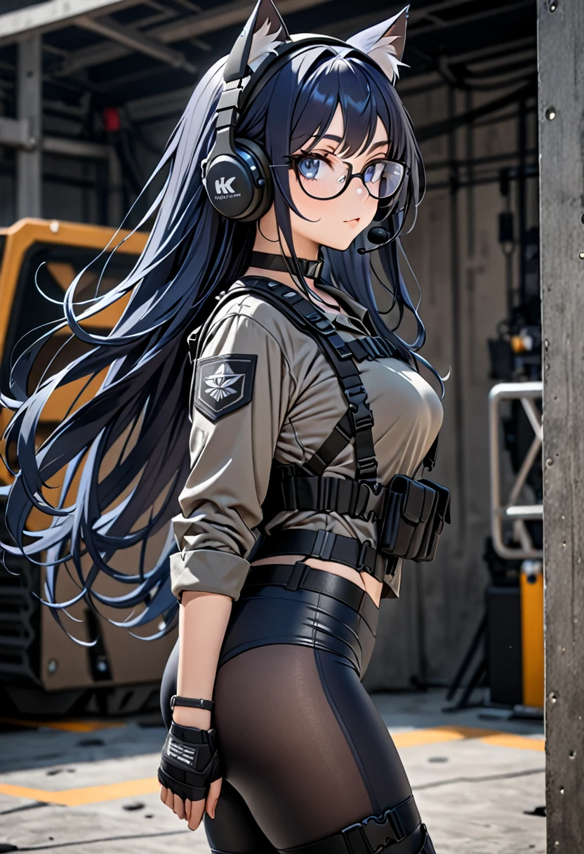 8K Ultra High-Quality, ultra-detailed, High quality, Dark Blue hair, Long hair, Headset, Goggles, cat girl, Grey Tactical clothes, Military clothes, black spandex under clothes, body harness, Looking at viewer, choker, glasses, full body, close up, side view