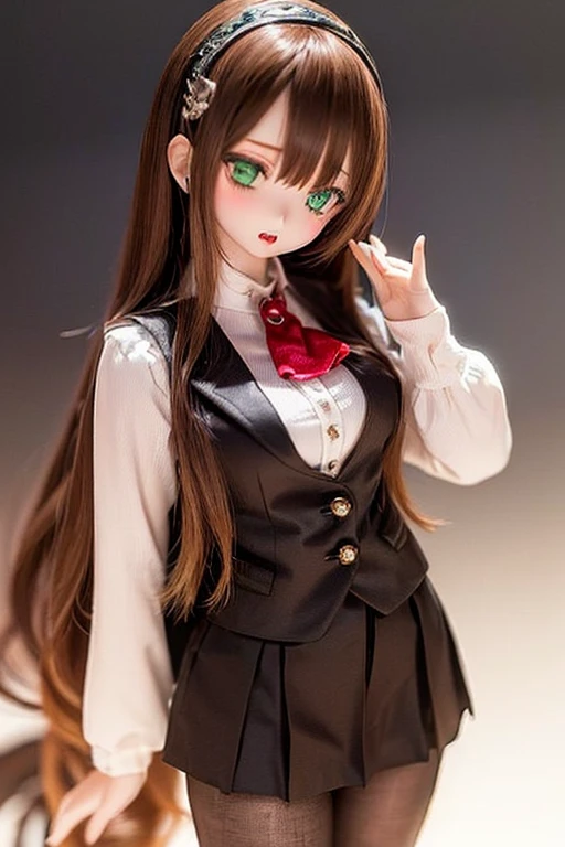 (SFW:2), photorealistic, realistic photo, 8k, ((highest quality)), ((masterpiece)), (extremely detailed), kukolnydom, doll, (mature woman, 22yo, 22 years old, solo:1.6), ((cowboy shot, standing, slim, slender, skinny, medium breasts, hairband, ascot, vest, blouse, long puff sleeves, pleated skirt, black pantyhose)), (green eyes, brown hair, long hair, plastic skin, looking at another, glass eyes, gradient eyes, shining eyes, detailed eyes:1.3)