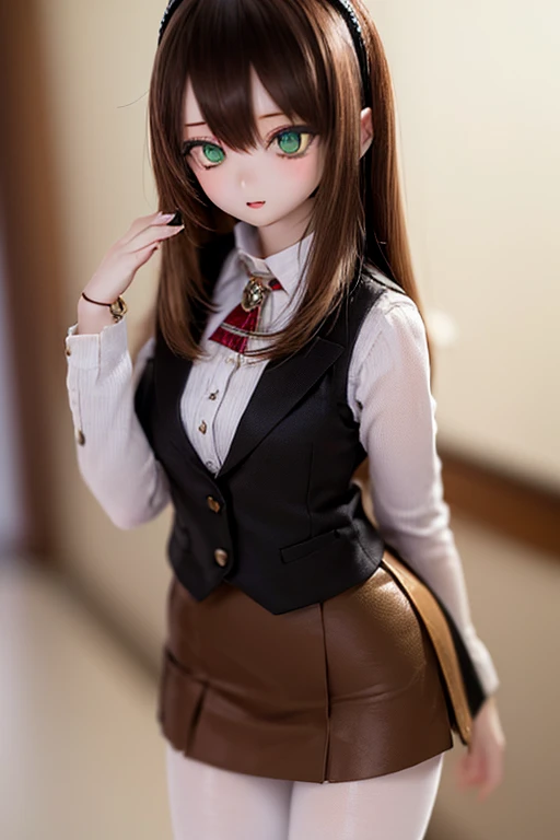 (SFW:2), photorealistic, realistic photo, 8k, ((highest quality)), ((masterpiece)), (extremely detailed), kukolnydom, doll, (mature woman, 22yo, 22 years old, solo:1.6), ((cowboy shot, standing, slim, slender, skinny, medium breasts, hairband, ascot, vest, blouse, long puff sleeves, pleated skirt, black pantyhose)), (green eyes, brown hair, long hair, plastic skin, looking at another, glass eyes, gradient eyes, shining eyes, detailed eyes:1.3)