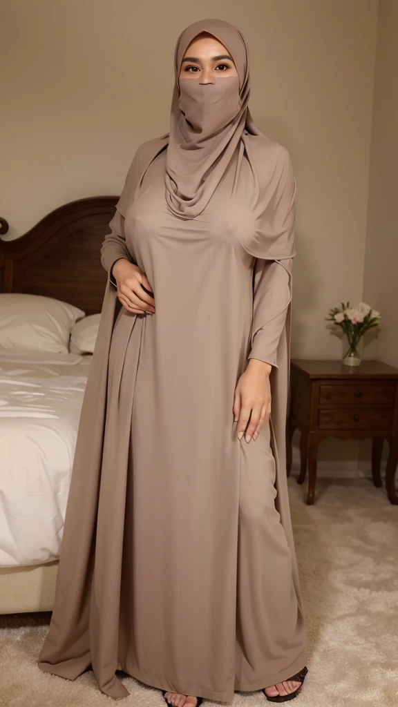 a beautiful young woman hijab wearing round glasses, (((super big breast))), (very big naked breast) perfect face, (((very huge big breast,))), ((( Big Breast))) long dress muslim, (((covering mouth, long veil))), thigh legs, naked body, showing pussy, Slim Face、20 years old, stil young, Pretty Lady, smile eyes, lying in the bedroom, stand up, (big breast covered) , see full image