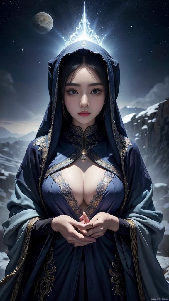 (1girl, asian), (long shawl), (big breast, big nipple), (detail eyes), 4k, very detailed, amazing quality, intricate, cinematic light, highly detail, surreal, dramatic, realistic, galaxy fantasy colors, unique perspective, (panorama). beautifull, dynamic, majestic,
Create a captivating and visually stunning image, standing on the edge of a mystical glowing, ((masterpiece)), (hijab:0.5), (pasmina)