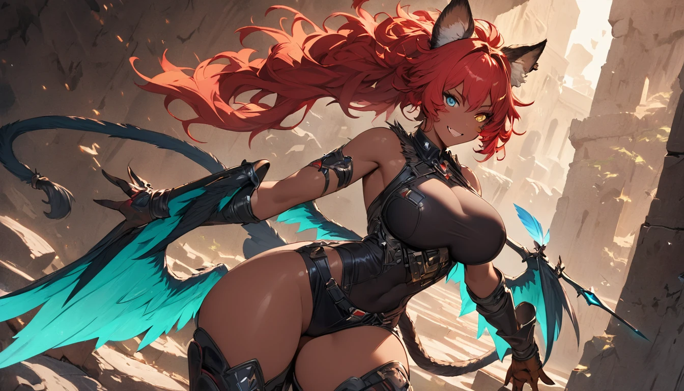 best quality,4k,8k,highres,masterpiece:1.2),ultra-detailed, extremely detailed eyes, extremely detailed body, (large masterpiece digital art), (detailed manga illustration), (detailed line art), ((perfect anatomy)), (intricate details:1.3), (ultra-detailed:1.3), (illustration:1.3), (sharp focus:1.3), (natural lighting:1.05), (vivid colors:1.3), (masterpiece), (best quality:1.4), (perfect anatomy:1.4), high quality, expressive eyes, full body, detailed face, beautiful face, perfect face, 1 girl, tall girl, ((blonde hair)), (red hair), multicolored hair, two-toned hair, ((dark skin)), (((dark skinned female))), griffon, large breasts, thick thighs, very long hair, bare shoulders, denim, (short shorts), dynamic pose, silver jewelry, choker, animal ears, (lion ears), (lion tail), thigh-highs, ((animal ears)), skin dentation, curvy, monster girl, heterochromia, (orange eye), (icy blue eye), ((wings)), feathered wings, black feathers, green glowing feathers, thigh gap, (white shirt), black leather jacket, thigh boots, dynamic lighting, cinematic lighting, smiling, ((Greek ruins background)), Atey Ghailan, Jeremy Mann, Greg Manchess, Antonio Moro, trend in ArtStation, trend in CGSociety, Intricate, High Detail, Sharp focus, dramatic and photorealistic painting art by Midjourney and Greg Rutkowski, Jeff Bridges, ((cartoon style)), Marvel Cinematic Universe style