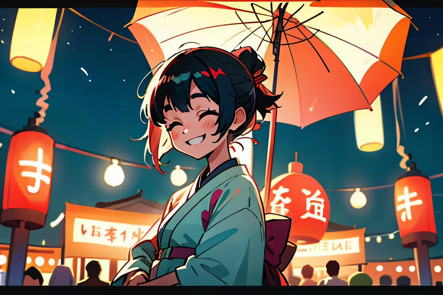 Summer Festival、yukata、night、girl、smile、fun