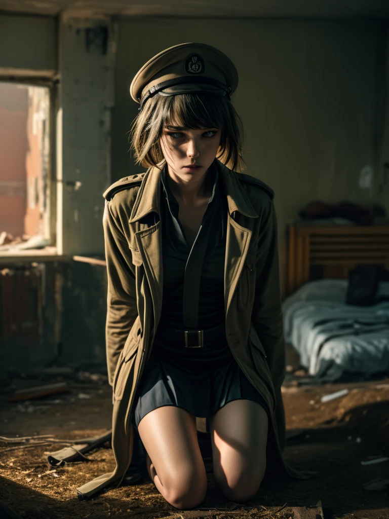 masterpiece, highest quality, (solo focus), 3/4 angle view, (perfect face:1.1), (high detail:1.1), dramatic, 1girl, ((erotic military outfit)), ((cutting edge outfit)), ((earth tone clothes)), skirt, thigh highs, coat tails, peaked cap, kneeling, holding rifle, solo, ((inguinal ligament)), detailed background, smoldering wasteland, abandoned town, purple embers, near-future, cinematic lighting,