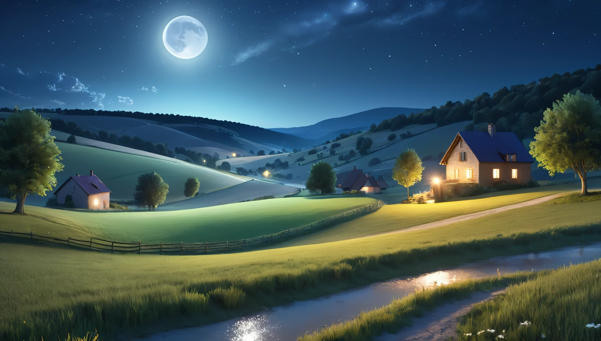night,countryside,star,moon,Highest quality, 8k, High resolution, masterpiece:1.2, Very detailed, Realistic:1.37, High resolution, 超High resolution, Very detailed, Professional, Vibrant colors