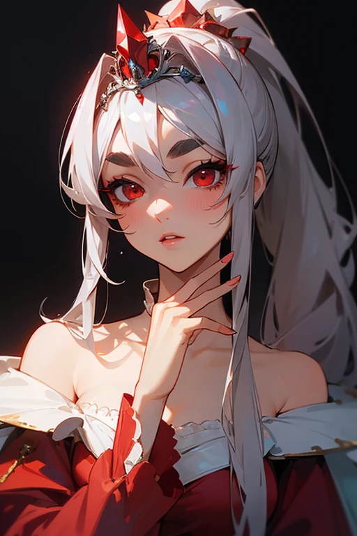 (Highest quality, masterpiece:1.2), High resolution, Very detailed, Realistic:1.37, Fantasy, An illustration, Hair is whiteいです、Red eyes、Queen, Red dress.Platinum decoration、beautifully、Eyeshadow Red、Thick eyebrows、Long eyelashes、pupils are black、Hair is whiteい、Kissing Face、Embarrassing、Loved、ponytail、Hair is white、very cute、Shoulder Bare、platinum tiara、Beautiful hair ornaments、