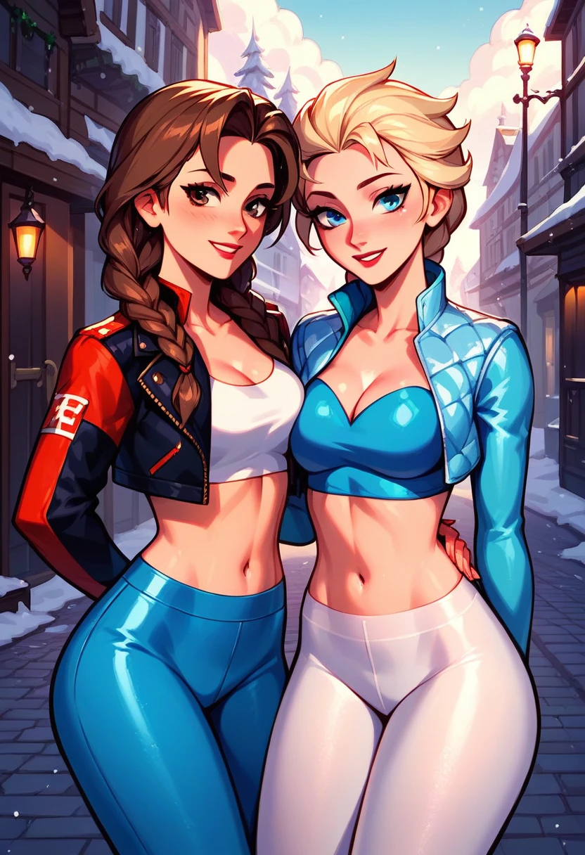 score_9, score_8_up, score_7_up, score_6_up, 2girls, elsa (blonde hair, braid, blue tights, cropped ski jacket, navel:1.1) and anna (brown hair, braided pigtails, white tights, cropped jacket, navel:1.3),, romantic scenes, on dates, snowy village street, lovers, in love, cinematic lighting,, sunset, cowboy shot.