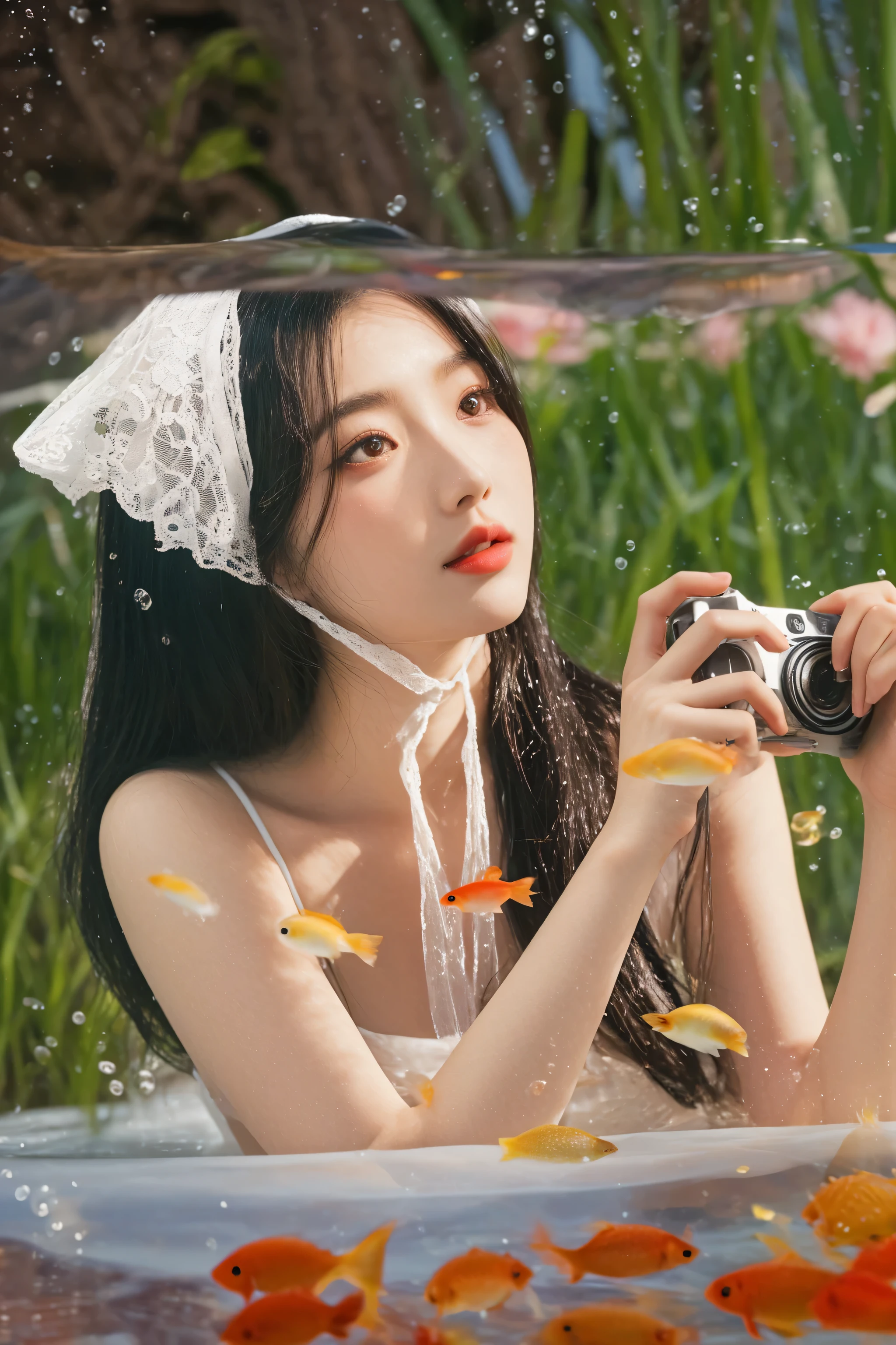 there is a woman taking a picture of a fish in a pond, artwork in the style of guweiz, anime style mixed with fujifilm, guweiz, sha xi, xintong chen, underwater photo, guweiz masterpiece, cai xukun, by Yang J, photography], by Jin Nong, wenfei ye, photography ), underwater photograph, jingna zhang