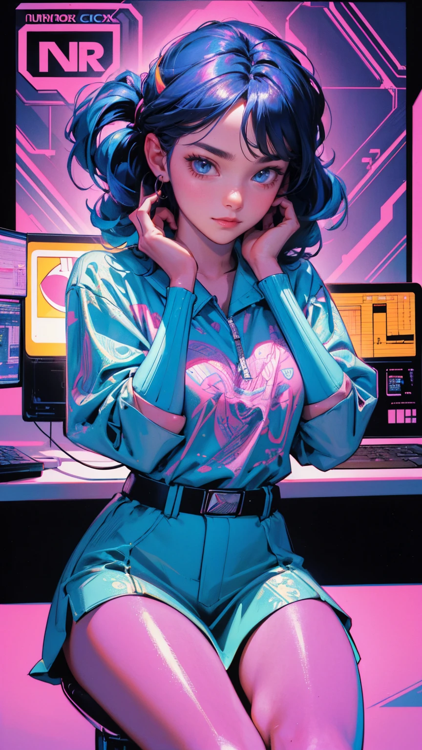 A digital illustration of a nervous young girl with her hands on her face sitting in front of a computer, surrounded by trading charts and stock market symbols. A colorful comic book style drawing in the style of 80s retro poster art with vibrant colors, high contrast, flat shading. The style is cinematic with sharp focus and high resolution with intricate details. The drawing is highly detailed and hyper-realistic in the style of Greg Hildebrandt. A vellum paper print or holographic print with a neon color palette.