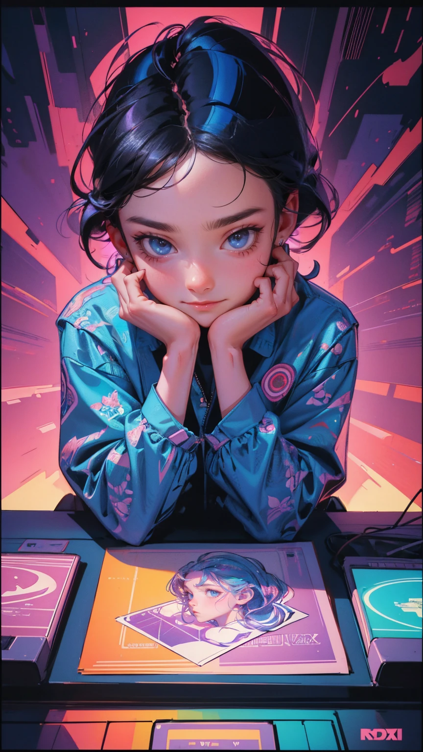 A digital illustration of a nervous young girl with her hands on her face sitting in front of a computer, surrounded by trading charts and stock market symbols. A colorful comic book style drawing in the style of 80s retro poster art with vibrant colors, high contrast, flat shading. The style is cinematic with sharp focus and high resolution with intricate details. The drawing is highly detailed and hyper-realistic in the style of Greg Hildebrandt. A vellum paper print or holographic print with a neon color palette.