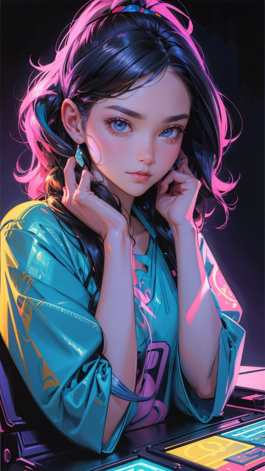 A digital illustration of a nervous young girl with her hands on her face sitting in front of a computer, surrounded by trading charts and stock market symbols. A colorful comic book style drawing in the style of 80s retro poster art with vibrant colors, high contrast, flat shading. The style is cinematic with sharp focus and high resolution with intricate details. The drawing is highly detailed and hyper-realistic in the style of Greg Hildebrandt. A vellum paper print or holographic print with a neon color palette.
