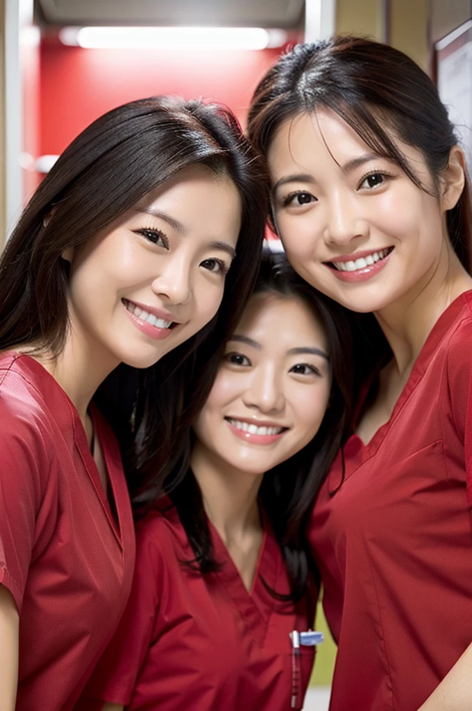 Dental hygienist, two women, smiling, wearing light red medical scrubs, short sleeves, Japanese, black hair, women in their early 20s Upper body close-up high resolution Highest quality Photo shoot in the hospital No accessories included Harmony々