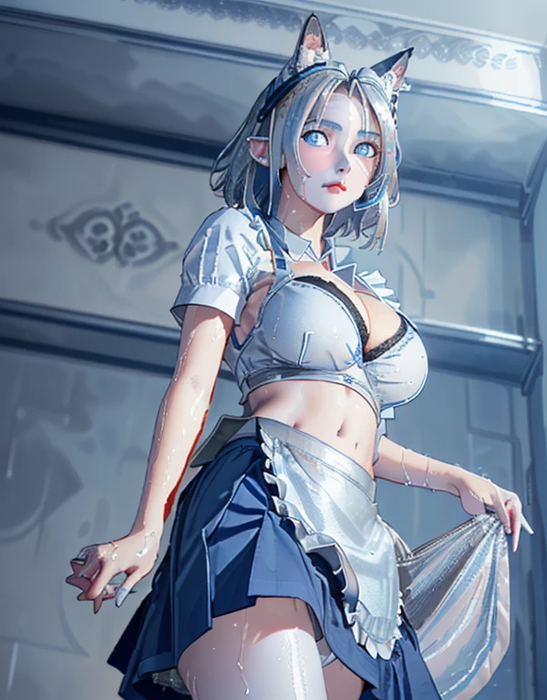 (8k, Realistic, RAW Photos, Highest quality, (from below:2), View your viewers: 1.3), (Fox Girl, Fox Ears, One Girl, Alone on the screen, dark skin, High definition, (boyish, Silver color very short hair), (Silver and blue odd eyes:1.5):1.4), とてもbeautiful, (Realistic Face), (wet maid apron, Clothes that are mainly black with red accents, (Long skirt):1.5), (Body measurements: 88-55-77!, Height is 145 cm, Nice body, Big Breasts, (skirt hold, show off panties), slender, cleavage:1.6), Standing posture, A brilliance that captivates the viewer, beautiful expression, beautiful breasts, (Realistic Skin), beautiful...
