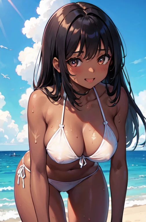 masterpiece, Highest quality, 超detailed, 非常にdetailed，4K，8k, ((A clearly drawn face)),((非常にdetailedな肌)),(One Girl:1.5),barefoot,alone,Swimwear,Black Hair,(Sunburn:1.5),belly button,bikini, Sunburn lines,Sweat,Wet,(Woman with dark skin:1.2),Brown eyes,Long Hair,(Dark Skin:1.2),Toes,smile,white bikini,(Leaning forward:1.3), Sandy Beach,(Seaside:1.3),[[[From below]]],(Perfect hands),(Perfect Fingers),more_detailed:-1, more_detailed:0, more_detailed:0.5, more_detailed:1, more_detailed:1.5,Delicate colors, shape, Bright colors, beautiful,Big Breasts