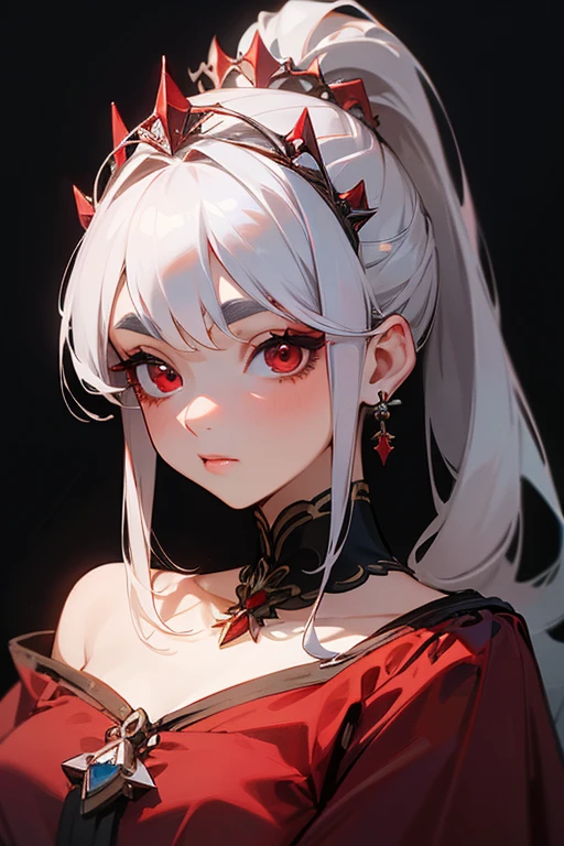 (Highest quality, masterpiece:1.2), High resolution, Very detailed, Realistic:1.37, Fantasy, An illustration, (Hair is whiteです).Red eyes、Queen, Red dress.Platinum decoration、beautifully、Eyeshadow Red、Thick eyebrows、Long eyelashes、pupils are black、Hair is whiteい、Kissing Face、Embarrassing、Loved、ponytail、Hair is white、very cute、Shoulder Bare、platinum tiara、Beautiful hair ornaments、