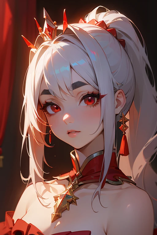 (Highest quality, masterpiece:1.2), High resolution, Very detailed, Realistic:1.37, Fantasy, An illustration, (Hair is whiteです).Red eyes、Queen, Red dress.Platinum decoration、beautifully、Eyeshadow Red、Thick eyebrows、Long eyelashes、pupils are black、Hair is whiteい、Kissing Face、Embarrassing、Loved、ponytail、Hair is white、very cute、Shoulder Bare、platinum tiara、Beautiful hair ornaments、