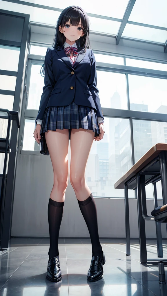 photo of sexy 1girl, tall,leggy,smile,standing in neat rows, in the school gymnasium, wearing NAVY Blazer , long sleeve, WHITE shirt, shiny blue ribbon,pleated tartan_check_mini_skirt, beautiful eyes, shiny black hair,BLACK short socks, full body shot, closeup shot, from front, from below, dutch angle shot, wide view,