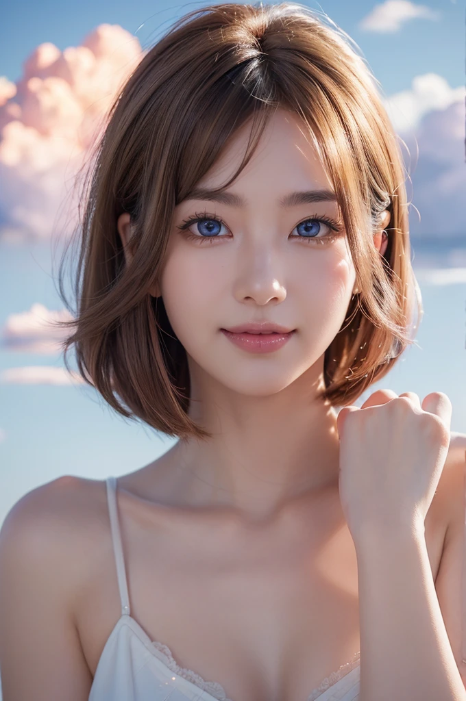 Pink hair, Hair ends are slightly curled, short hair,Hair accessories, (Brown eyes:1.5), Hairpin、Smile,Smile,blush,White breath, open mouth,Kuriyama Mirai Anime,Step on the clouds,, outdoor, rest (masterpiece:1.2), best quality, high resolution, Unity 8K wallpaper, (shape:0.8), (Pretty and beautiful eyes:1.6), The face is rich in detail, Perfect lighting, Extremely detailed CG, (Perfect hands, Perfect anatomical structure)