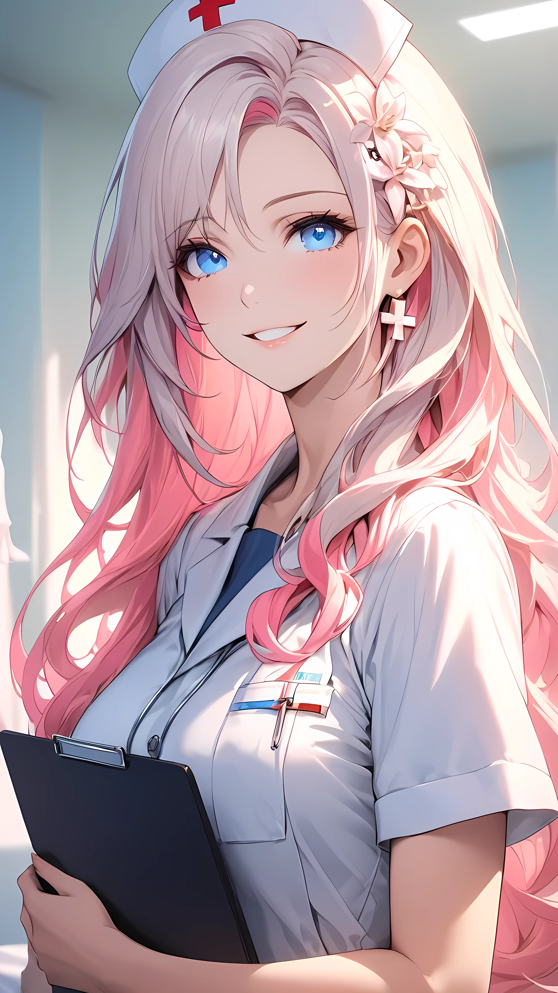 (masterpiece), (Highest quality), Ultra-high resolution, Sharp focus, Warm pastel tones, Upper Body, Medium Close-up, ((One mature woman, alone)), Very attractive and gorgeous mature woman, Beautiful detailed hair, sleek long hair, Beautifully detailed face, Perfect beautiful face, Lilia, A girl with long multiple color hair, blue eyes, nurse uniform, hair ornament around her right ear. View your viewers, Comfortable face, smile, Open your lips, Feminine clothing, Holding a clipboard, (standing in the hospital room:1.1)