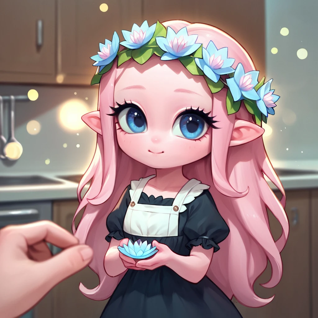 score_9, score_8_up, score_7_up, score_6_up, score_5_up, score_4_up, source_anime, lotus girl, light ceramine pink skin, frilly transparent black dress, lotus flower wreath crown, in kitchen, (holding big lotus flower), chibi, cute, solo, depth of field, good bokeh, detailed, beautiful