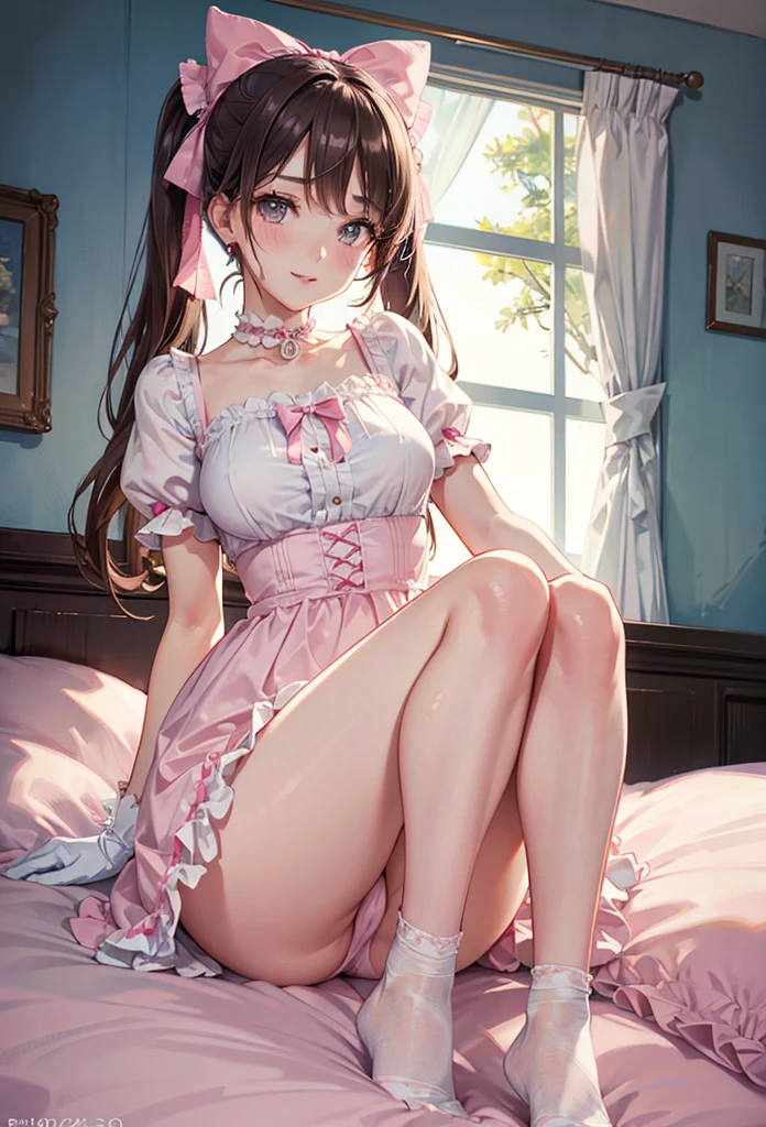 A beautiful lolita girl sitting on the bed with her legs open, anime girl, in the room, home interior, pastel pink lolita dress, short sleeves, a pair of short socks, choker with a bow, short white gloves, lolita shoes fashion, white panties, dark brown hair, long wavy hair, two pigtails, swept bangs, hair ribbon, aqua eyes, bright eyes and pupils, pink lips, glossy lips, blush, earrings, big round breasts, thin waist, perfect arms, defined thighs, thin legs, raised knees, legs open, looking at the viewer, flirty smile, shows her panties, I can see your panties, upskirt, masterpiece, high definition, natural light, high detail, anime, dithering, image fill, perspective, Wide-Angle, f/1.8, 85mm, Sony FE GM, 8k, 8k wallpaper, super detail, highly detailed CG, UHD, retina, masterpiece, accurate, anatomically correct, textured skin, highres, best quality:1.3, 16k