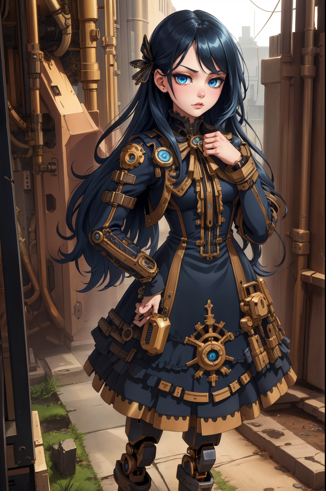 Doll Joints, (extremely detailed CG unity 4k wallpaper),(masterpiece),(best quality),(ultra-detailed),(best illustration),(best shadow),(absurdres),(Detailed background), Android, Hands clasped, Cybernetic Blue eyes, Long black hair (Hime), Slim, Steampunk dress, small bust, metal skin, Standing calmly,
