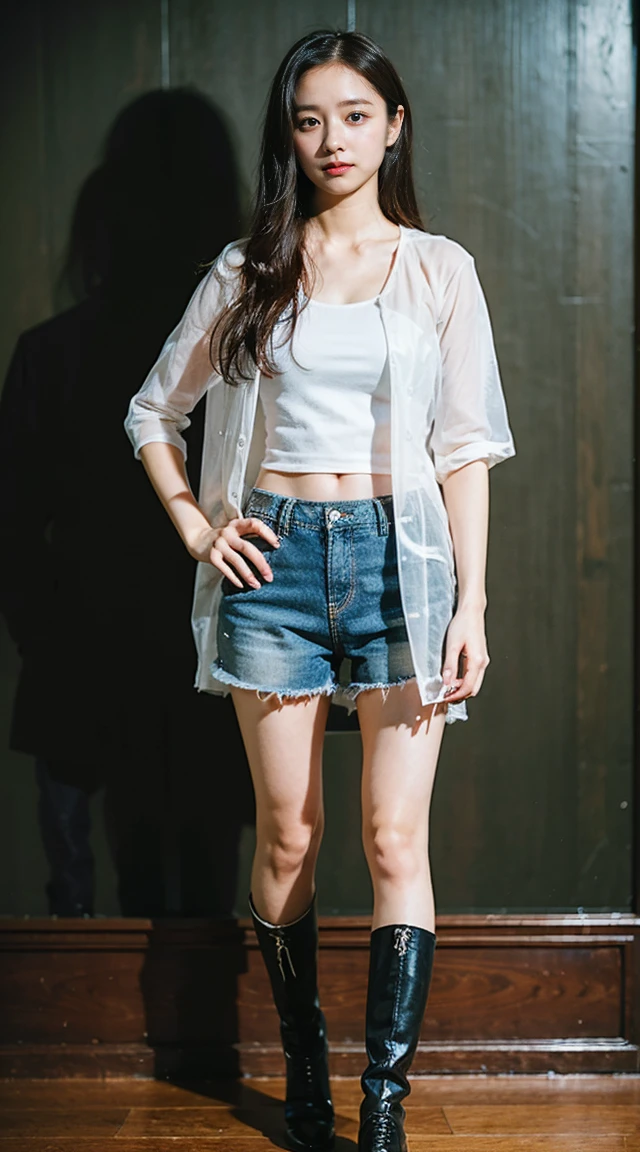 (8k、RAW Photos、Highest quality、masterpiece:1.2)、(Realistic、Realistic)、1 girl、((ベージュ色とピンクのunderwear、Fluttering Hair、Stand with hands on hips、See through、underwear、Shorts、boots、、View from the front、Are standing、))、smile、Lots of eyelashes、Add shine to your eyelids、skeletally correct、