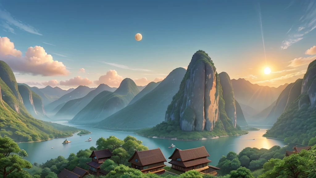 The image you’ve described depicts a traditional East Asian landscape painting. It features misty mountains with sharp peaks, some partially obscured by clouds or fog. A waterfall cascades down one of the mountains. In the foreground, there are two small boats on what appears to be a calm body of water. Birds are in flight throughout the scene, and there is an orange sun or moon hanging low in the sky, suggesting either dawn or dusk. The painting’s use of soft colors and blurred lines gives it a tranquil and ethereal quality. Đẹp