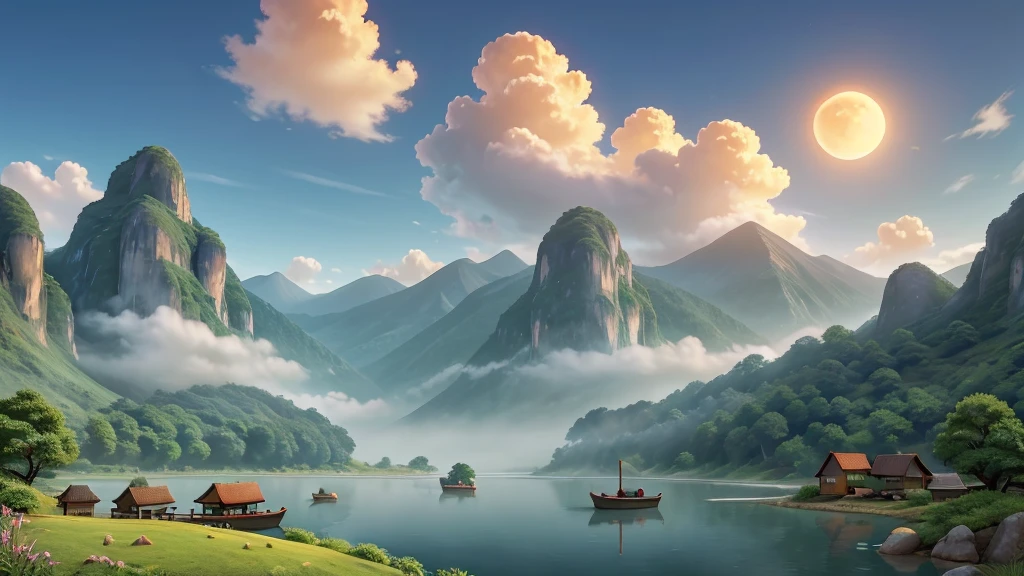 The image you’ve described depicts a traditional East Asian landscape painting. It features misty mountains with sharp peaks, some partially obscured by clouds or fog. A waterfall cascades down one of the mountains. In the foreground, there are two small boats on what appears to be a calm body of water. Birds are in flight throughout the scene, and there is an orange sun or moon hanging low in the sky, suggesting either dawn or dusk. The painting’s use of soft colors and blurred lines gives it a tranquil and ethereal quality. Đẹp