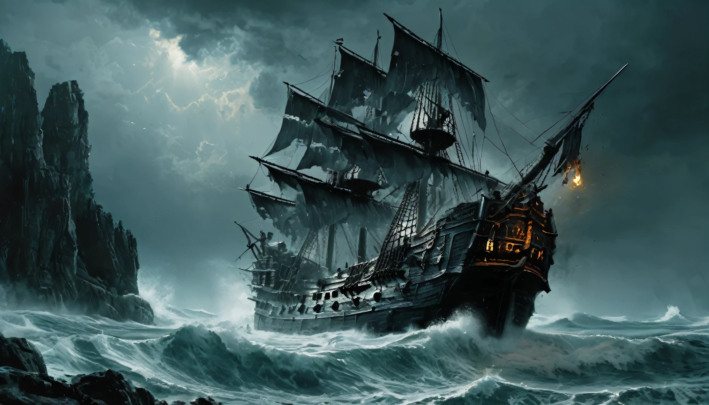 Impactful paint of a large menacing pirate ship on a stormy sea on rocks, highly detailed, 8k, sharp, professional, clear, high contrast, vivid deep blacks, crystal clear