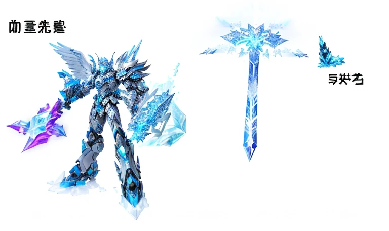 There are many different items on the table, Mjolnir, Possesses the power of ice, Ice crystal armor, armor made of ice, Use Leviathan Ax, Frostbite 3 rendering, Ice King, This character has the ability to freeze, ax element, Mecha style greek god, Detailed cosmic angel robot, Anime robot mixed with organic, Frostbitten engine