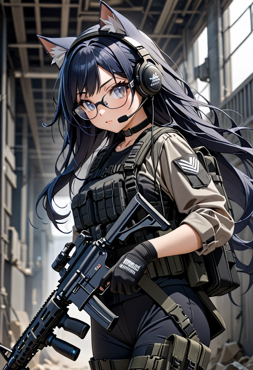 8K Ultra High-Quality, ultra-detailed, High quality, Dark Blue hair, Long hair, Headset, Goggles, cat girl, Grey Tactical clothes, Military clothes, black spandex under clothes, body harness, Looking at viewer, choker, glasses, missing fingers gloves, holding assault rifle, full body, close up, side view, looking away from viewer