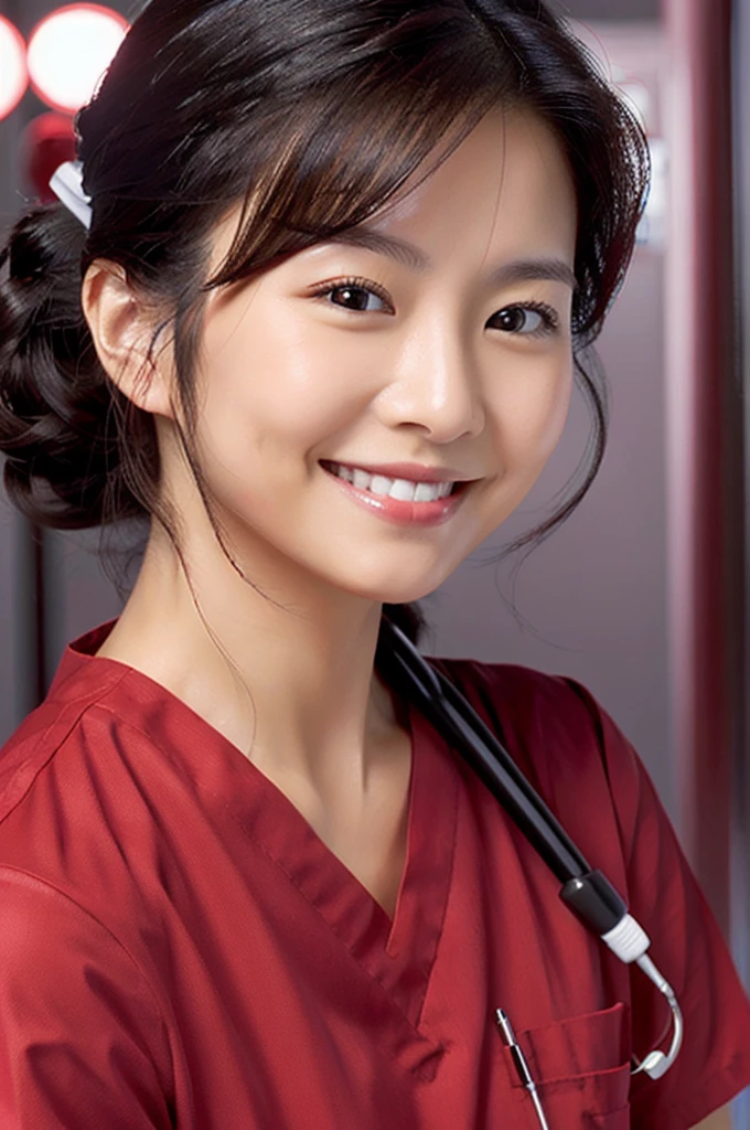 Dental hygienist, smiling, wearing light red medical scrubs, short sleeves, Japanese, black hair, early 20s, female　Upper body close-up　high resolution　Highest quality　　Photo shoot in the hospital　No accessories included