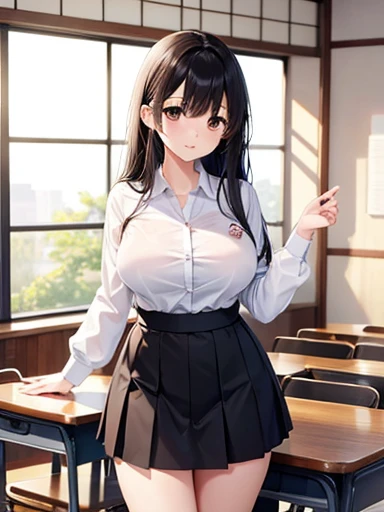 Highest quality, Japanese、Brown eyes、thin、expensive、8k、girl, High resolution,Black Hair、Long Hair、classroom、uniform、White blouse、Black Skirt、Standing position、Left facing、Large Breasts