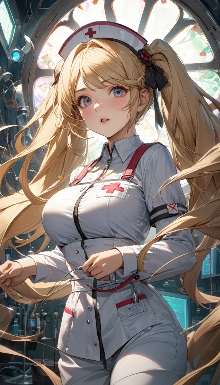 (mad scientist), 8k resolution, masterpiece, Highest quality, Award-winning works, unrealistic, Sexy Womanだけ, healthy body, Age 25, White wavy long hair, hair band, big firm bouncing chests, (Crazy Nurse), A terrifying sight, fear, Very detailed, Digital Painting, artステーション, コンセプトart, Smooth, Sharp focus, shape, artジャム、Greg Rutkowski、Alphonse Mucha、William Adolphe Bouguereau、art：Stephanie Law , operating room, spooky, fear, Full Shot, zombee, Symmetric, Greg Rutkowski, Charlie Bowwater, beep, Unreal 5, Surreal, Dynamic Lighting, ファンタジーart, Complex colors, Horrific scenes, Small face, Very delicate look, Delicate eye depiction, Upper body close-up,, erotic, dynamic sexy pose, Sexy Woman, Healthy body, 24-year-old female, doaxvv_Marie Rose, mad nurse, height: 150cm, Twin tails, To flap one&#39;s hair, Glaring at the camera, look up, Creepy Laughter, (mad look, Bloodshot eyes:1.3), (Bloody nurse uniform, Bloody gloves:1.4), Tight Skirt, stockings, pumps, Brandishing a scalpel