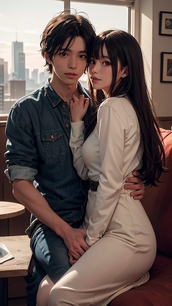 "A couple sitting on a sofa in a living room in an anime scene, anime scene, (Makoto Shinkai inspired), sitting alone in a cafe, TV anime still, Makoto Shinkai inspired. High-resolution (4k, 8k, highres, masterpiece:1.2), ultra-detailed, (realistic, photorealistic, photo-realistic:1.37) representation of the couple, with vivid colors, sharp focus, and bokeh effect. The couple is immersed in a romantic atmosphere, surrounded by soft and warm lighting. The room is beautifully decorated with anime posters and plush toys, reflecting their love for the anime world. The male character has messy black hair and expressive eyes, wearing a casual outfit with a stylish jacket. The female character has long flowing hair and captivating eyes, wearing a cute dress with a sweet smile on her face. The scene is captured from a slightly elevated angle, providing a cozy and intimate perspective. The couple's hands are gently intertwined, showing their strong bond and affection. The room is filled with a soft aroma of coffee, creating a relaxing and enjoyable ambiance. The window behind them showcases a stunning cityscape, with sparkling lights and a beautiful sunset in the distance. The prompt shows their love for each other and their love for the anime world, blending reality and fiction in a harmonious and romantic way."