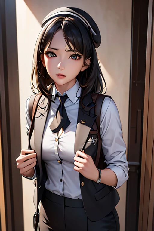 ((Highest quality)),(超High resolution),(Very detailed),(Detailed Description),((The best CG)),(masterpiece),Ultra-detailed art、(Highest quality、8k、32K、masterpiece)、(Realistic)、(Realistic:1.2)、(High resolution)、Very detailed、Very beautiful face and eyes、1 female、((Narrow eyes、Droopy eyes:1.4、fine grain、Full Body Shot:1.3))、Tight waist、Delicate body、(Highest quality、Attention to detail、Rich skin detail)、(Highest quality、8k、Oil paints:1.2)、Very detailed、(Realistic、Realistic:1.37)、Bright colors、"A high school girl in a futuristic uniform. She is wearing a monochrome fitted blazer with metallic buttons and a school emblem on the left chest. Underneath, she has a clean white shirt with hidden buttons and thin lines on the collar and cuffs. Her skirt is knee-length, A-line with simple stripes matching the blazer, or alternatively, she could be wearing tight-fit straight pants with the same pattern. She has black or dark grey sneakers with silver accents. She also has accessories like a tie or ribbon in the school colors, a lightweight, multifunctional backpack with reflectors, and possibly a cap or beret for outdoor activities. The uniform fabric has temperature control, stain resistance, and antibacterial properties."