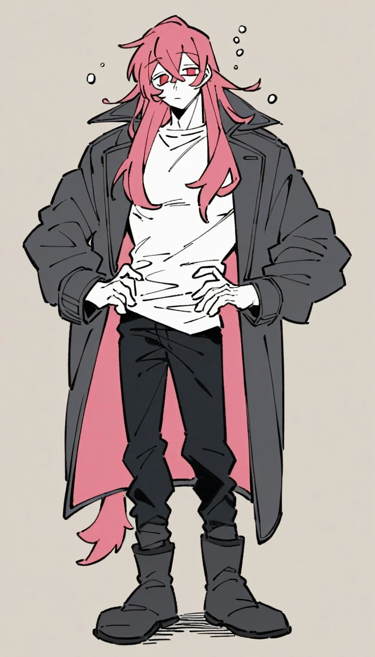 high quality, Full HD, male, male, fun, sleepy, Are standing, Hands on hips, View your viewers, Front view, Long Hair, Side Tail, Pink Hair, Red eyes, Droopy eyes, Fair skin, expensive, slim, Toned body, Long sleeve T-shirt, coat, boots, 30 years old, Beige solid background, Flat background, anime, Soft Edge, Full Body Shot, Neutral Color, Flat Color
