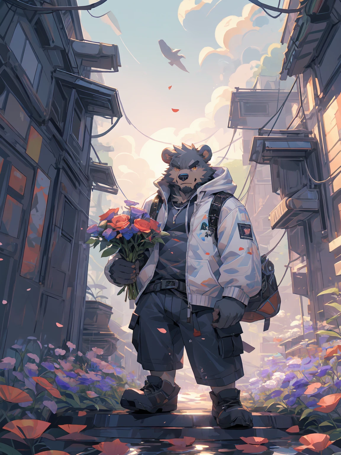 ultra-detailed,extremely detailed and beautiful, sky and white cloud and sunset glow background,ultra-detailed birds, (floating city in bloom, Floating petals, blooming gardens in the sky, many vines on the wall:1.2),Imagination,(masterpiece:1.2), best quality,pixiv,official art,perfect anatomy, (Ray tracing, light),solo, (1_male:1.3) , (muscle), (grey fur:1.4), (muscle bear), (beard:1.2), (gleaming golden eyes), bear tail,Thick black eyebrows, (open short hoodie), (naked inside),cargo shorts, (pure white background: 1.3), looking at viewer,dynamic pose, (holding a bouquet:1.3),(flower:1.3),(leaves:1.3),(portrait:1.3),glare,detail