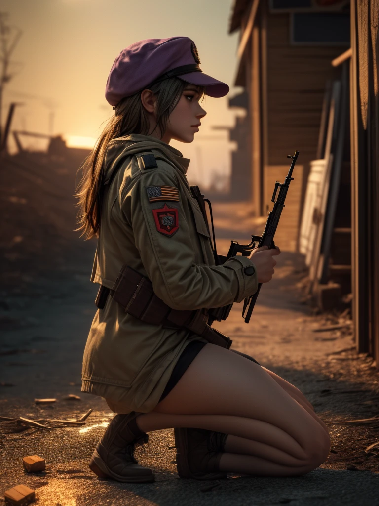 masterpiece, highest quality, (solo focus), side view, (perfect face:1.1), (high detail:1.1), dramatic, 1girl, ((erotic military outfit)), ((cutting edge outfit)), ((earth tone clothes)), skirt, thigh highs, coat tails, peaked cap, kneeling, holding rifle, sniping, aiming gun, solo, ((inguinal ligament)), detailed background, smoldering wasteland, abandoned town, purple embers, near-future, cinematic lighting,
