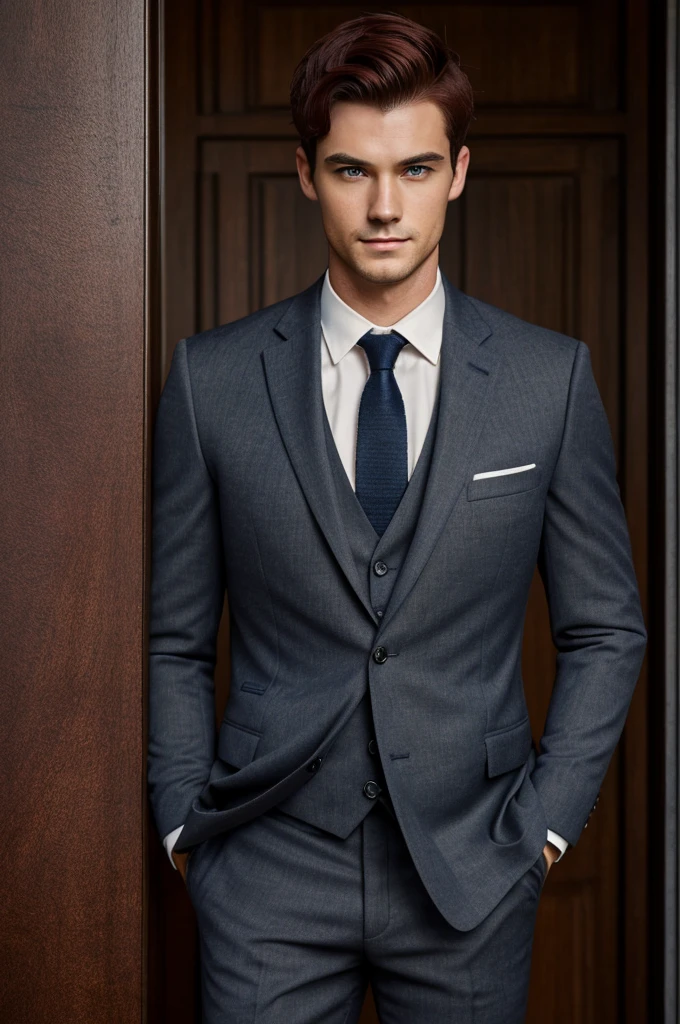 masterpiece, best quality, realistic, 1man, mature male, quiet and charming  man, 25 year old, serious look, closed mouth, portrait, extremely detailed face, cold smile in love, ((dark grey blue eyes)), ((short-right-swept dark Red hair)), [thick eyebrows], ((suit)), handsome, full body, asian, british, light skin,