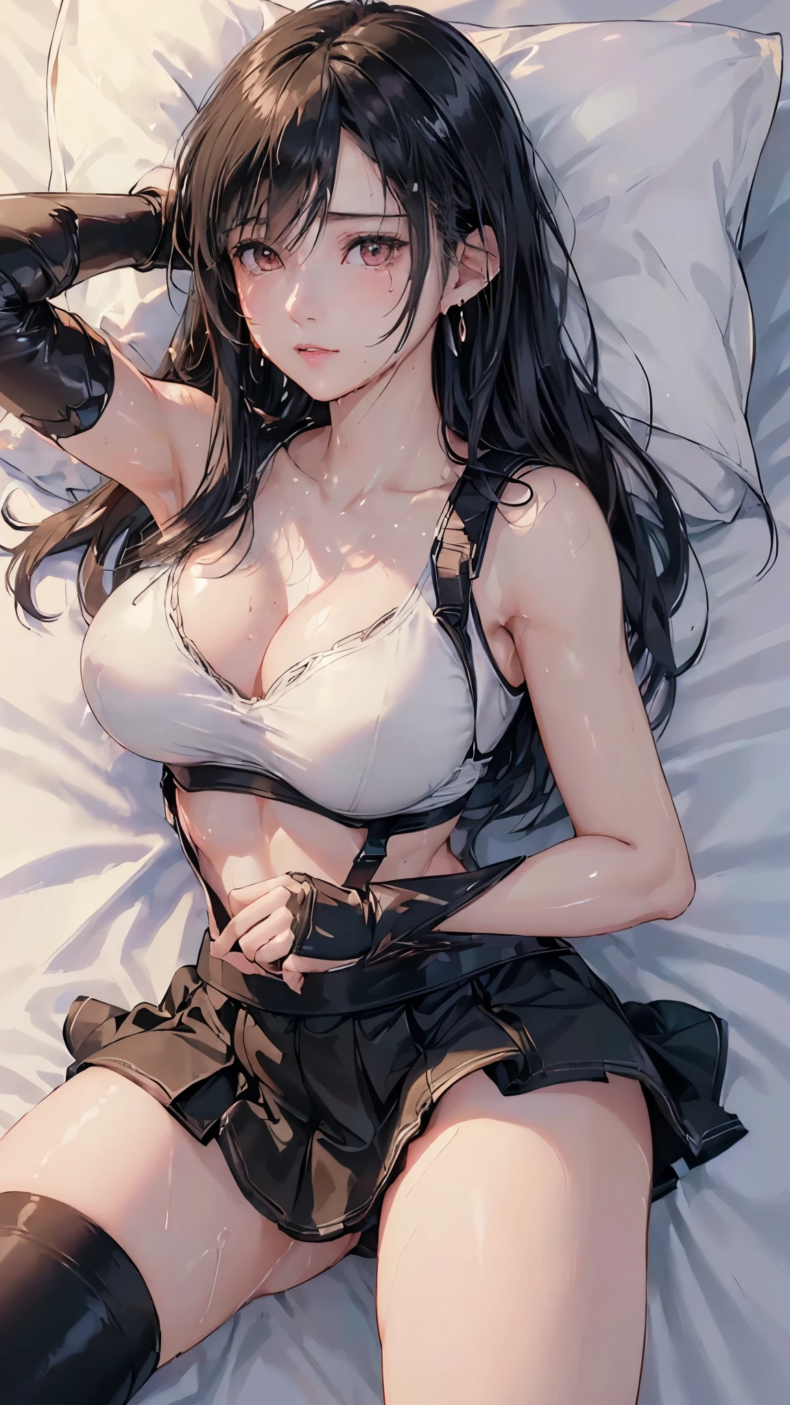 (masterpiece: 1.3), (Maximum resolution: 1.2), (Ultra HD TV: 1.2), Cinematic Light, 8k resolution, Detailed facial features , (Sharp focus: 1.2), (Focus on the face:1.2),Perfect Style, Beautiful Face, Acura, Anatomically correct, Two Arms、Tifa Lockhart, Highly detailed face and skin texture, Delicate and beautiful eyes, Glitter Eyeliner: 1 Natural Cheeks, Glowing Skin, Fair skin: 1.2, (Glossy Lips: 1.4),、 (Embarrassed look: 1.2),Highly detailed face and skin texture, The hair is very detailed.、Natural Cheeks, , Glossy Lips: 1.4,Perfect Style、Delicate depiction of hair、The whole body gets wet、Wet underwear、Cleavage、Soft Breasts、(Sperm in breasts:1.4)(Sperm on thighs:1.4)、 blush、Glaring expression、A humiliating look、Anxious expression、A look of humiliation、Embarrassed look、anger、sorrow、tears、Open your knees、Spread your legs、White bra、Sparkly little earrings and necklace、Disheveled clothes、White panties、sweating、Black Stockings、 (1 girl), Red eyes, Black Hair, Long Hair, Professional Lighting, (Glowing Skin: 1.2), Shiny big, ((Highest quality)), Sharp focus: 1.2, Highly detailed face and skin texture, Detailed eyes, Perfect Face, Perfect body, Blur Art, CG, Big Background , in front (28 years old, 成熟したクールでBeautiful Face), wear (Black skirt with suspenders), Black elbow gloves, White tight shirt, thigh, White tank top),On the bed、(On my back, ベッドにLying down, ベッドにLying downいる, Lying down, White sheets:1.5)、Tentacles and Slime、Covered in mucus、Immediately after being creampied、Self-satisfaction、