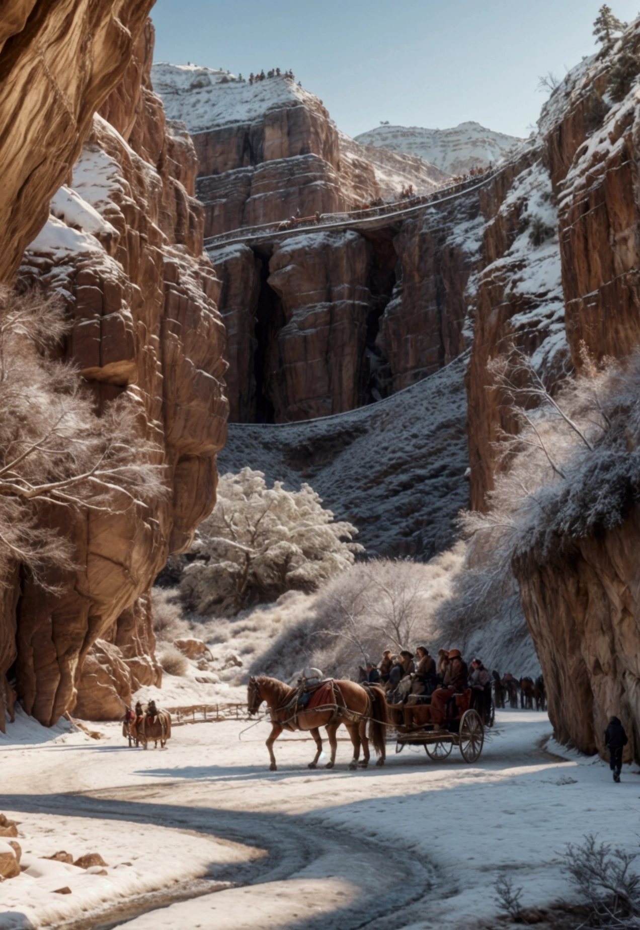 A caravan of people walking along a rocky, winter cold hormone canyon, with carriages with horses and people in chains
