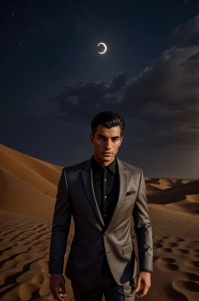 A well suited man of age 25 with height 5.8 in amidst of Arabian desert under dark clouded sky with minimal moonlight.seems lost in mysterious charm of desert while behind some luxurious perfumes fell down
