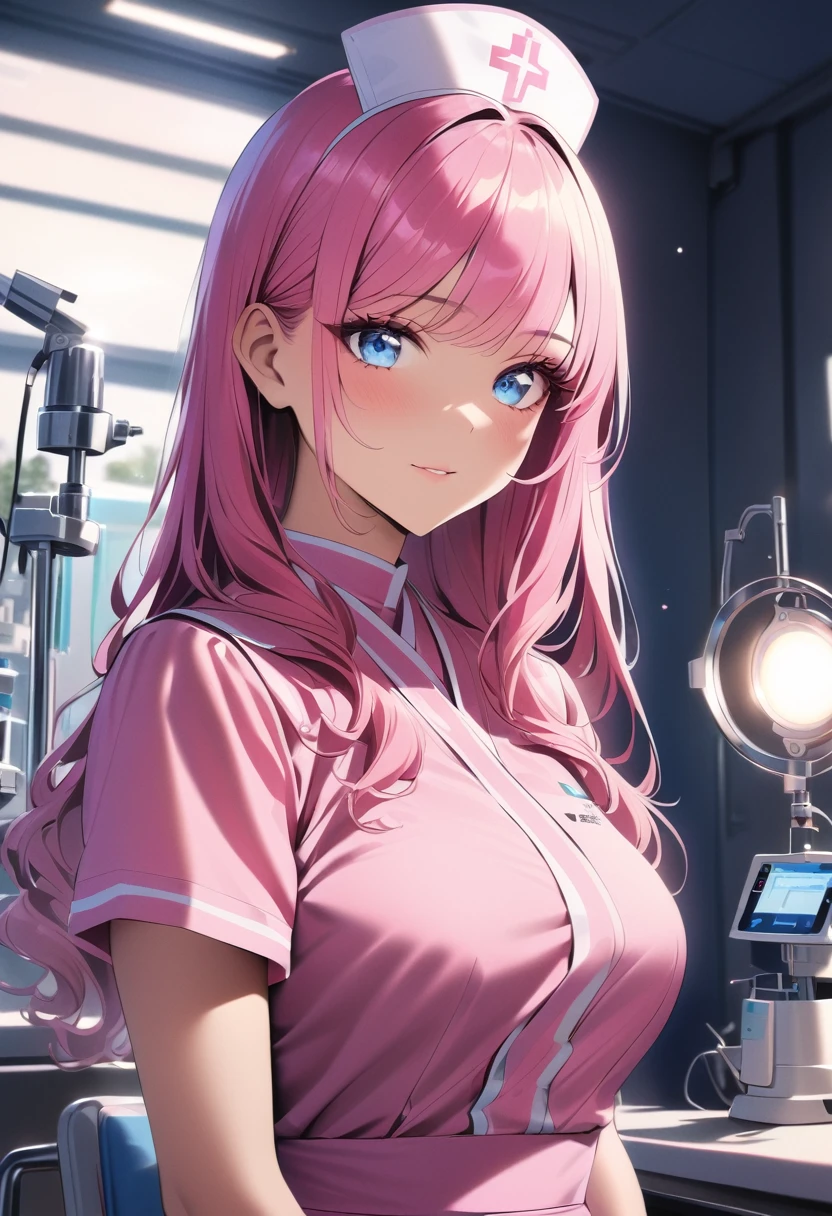 a beautiful young woman in a pink nurse uniform, detailed facial features, beautiful eyes, elegant makeup, long hair, medical equipment in the background, hospital setting, bright lighting, cinematic composition, photorealistic, 8K, high resolution, detailed textures, vibrant colors, professional lighting, depth of field, masterpiece