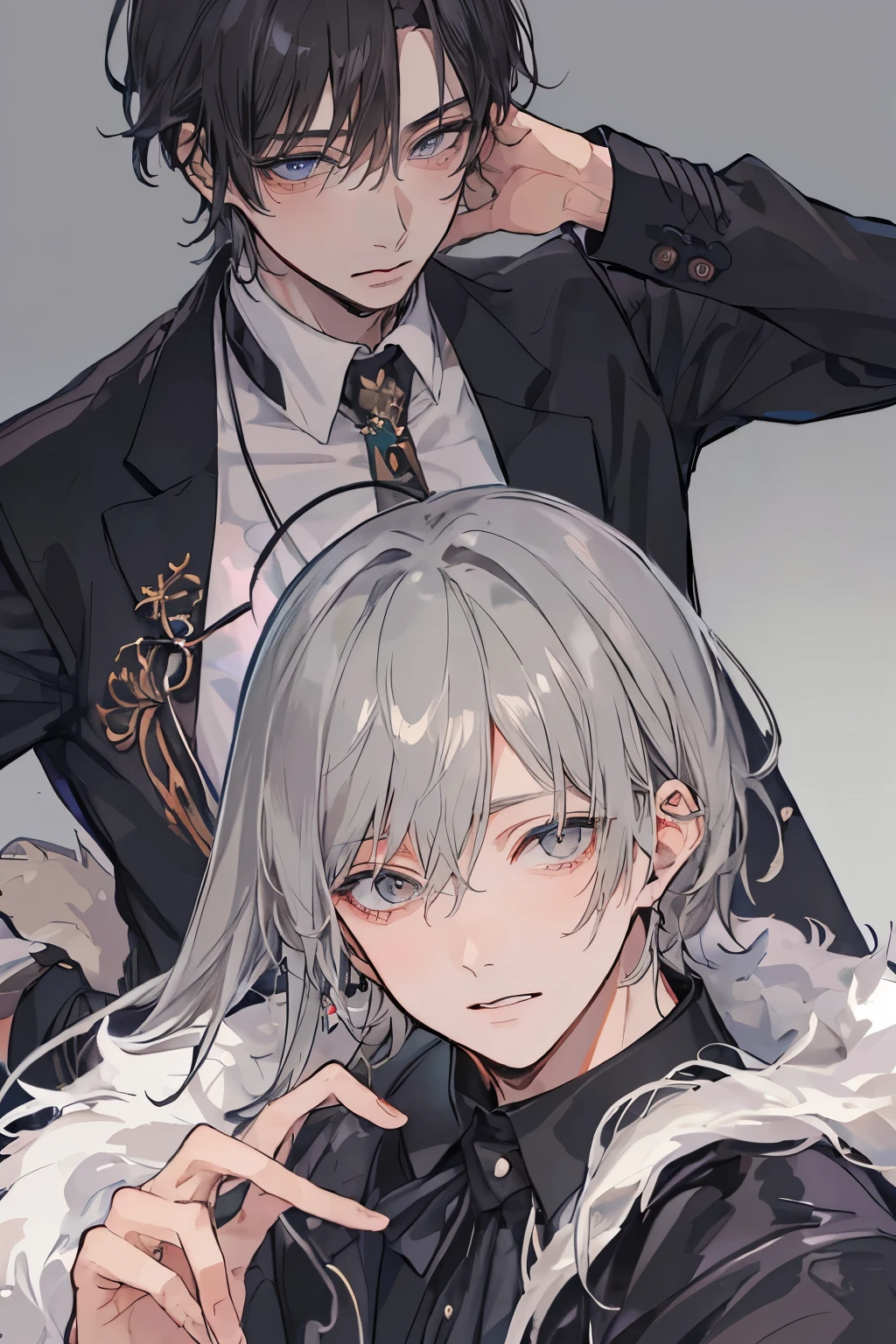 (Mastepiece), (Best Quality), Very detailed, (((Two friendly men:1.5))), Perfect Face, Beautiful Face, Very detailedな顔,(Black-haired man:1.3),(Grey-haired man:1.3),Boys' Room、Plain loose T-shirt