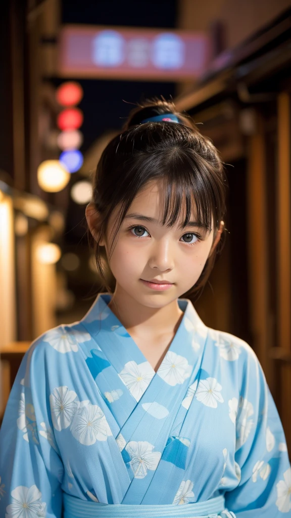 11 year old girl Japanese Light blue yukata Realistic Skin Ponytail night Edo streets